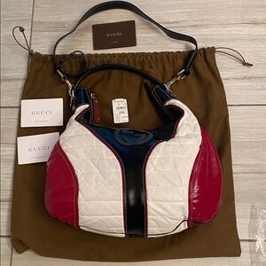 Vintage Gucci leather SNOW GLAM HOBO bag silver hardware  Red, White, and Black
